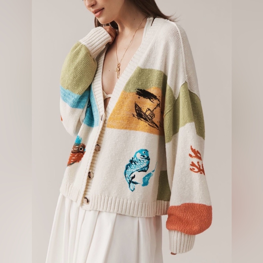 Anthropologie Pilcro Fish Coral Icon Graphic Cardigan Sweater Medium